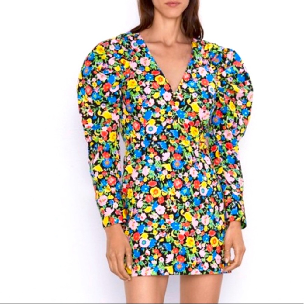 ZARA Floral Print Puff Sleeve Mini Dress